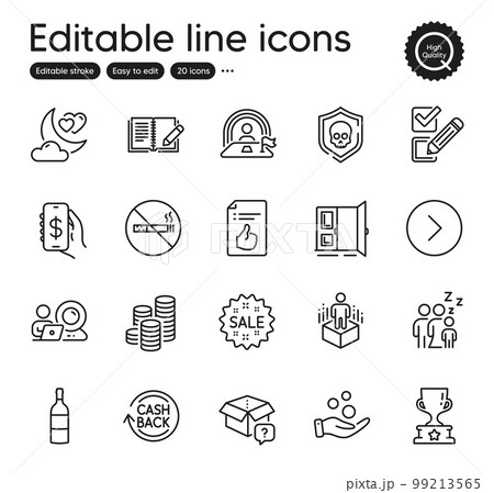 Set of Business outline icons. Contains icons as Lgbt, Checkbox and Winner cup elements. Wine bottle, Augmented reality, Money app web signs. Coins, Sleep, Love night elements. Open door. Vector Set of Business outline icons. Contains icons as Lgbt, Checkbox and Winner cup elements. Wine bottle, Augmented reality, Money app web signs. Coins, Sleep, Love night elements. Open door. Vector 99213565