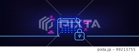 Neon light glow effect. Calendar locked line icon. Annual planner sign. Event schedule symbol. 3d line neon glow icon. Brick wall banner. Calendar outline. Vector Neon light glow effect. Calendar locked line icon. Annual planner sign. Event schedule symbol. 3d line neon glow icon. Brick wall banner. Calendar outline. Vector 99213755
