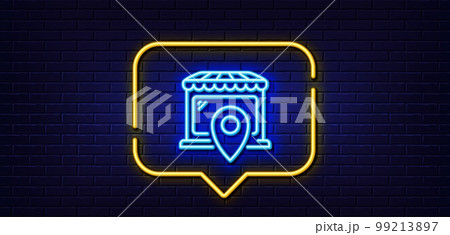 Neon light speech bubble. Market location line icon. Wholesale store sign. Retail marketplace symbol. Neon light background. Market location glow line. Brick wall banner. Vector 99213897