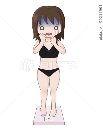 体重計に乗って青ざめる女性（標準体型） 99213901