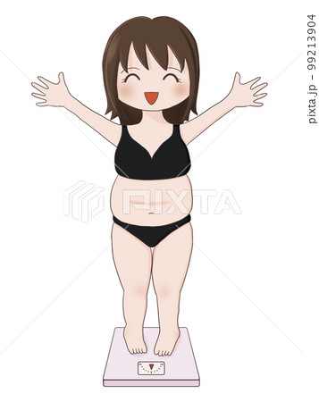 体重計に乗って喜ぶ女性（ぽっちゃり体型） 99213904