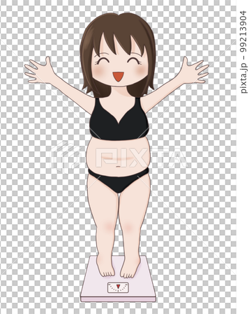 A woman who is happy to get on the weight scale (chubby body) 99213904