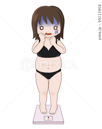 体重計に乗って青ざめる女性（ぽっちゃり体型） 99213908