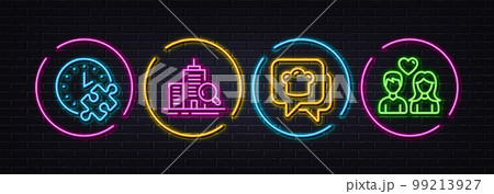 Inspect, Puzzle time and Cooking hat minimal line icons. Neon laser 3d lights. Couple love icons. For web, application, printing. Search building, Jigsaw game, Chef. People in love. Vector 99213927