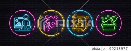 Developers chat, Teacher and Puzzle minimal line icons. Neon laser 3d lights. Hand washing icons. For web, application, printing. Manager talk, Conference, Jigsaw game. Laundry basin. Vector 99213977