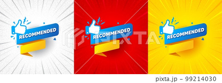 Recommended paper banner. Flash offer banner, coupon or poster. Best deal tag. Bubble with thumbs up icon. Recommended banner promo banner. Retail marketing flyer. Starburst pop art. Vector 99214030