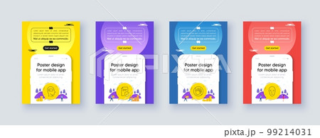 Simple set of Insurance policy, Do not touch and Weariness line icons. Poster offer design with phone interface mockup. Include Face biometrics icons. For web, application. Vector 99214031