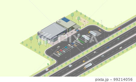 アイソメトリック図法で描いた高速道路のパーキングエリアのイメージ（緑地） 99214056