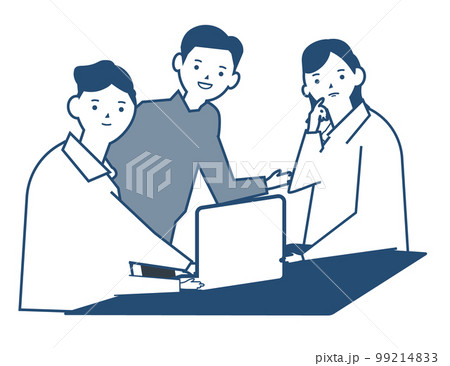 吹き出しを浮かべ想像をするビジネスウーマン。良いアイデアを考えるスーツ姿の男性 99214833