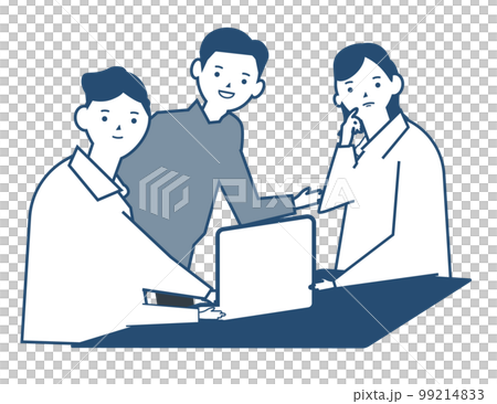 吹き出しを浮かべ想像をするビジネスウーマン。良いアイデアを考えるスーツ姿の男性 99214833