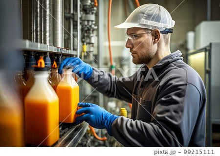 worker engaged in bottling chemical products at industry plant, generative ai 99215111