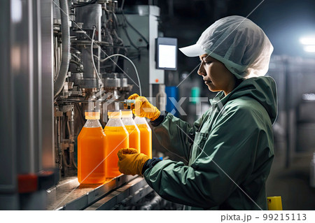 worker engaged in bottling chemical products at industry plant, generative ai 99215113
