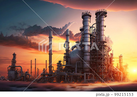 chemical plant for manufacture of products for chemical industry against background of sunset sky, generative ai 99215153