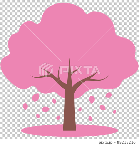 花びらが散って桜の絨毯ができている桜の木のイラスト（濃いピンク） 99215216