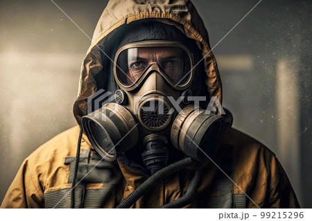 chemical industry worker in protective suit and gas mask close-up, generative ai chemical industry worker in protective suit and gas mask close-up, generative ai 99215296