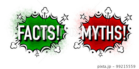 Green Facts and red Myths banner in pop style in boom bubble. Simple facts and myths sign, true and false. Vector illustration. 99215559