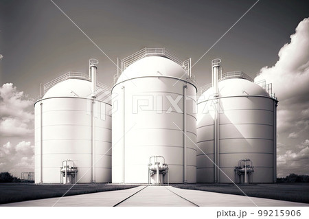 three white petrochemical storage tanks on receding perspective, chemical industry, generative ai 99215906