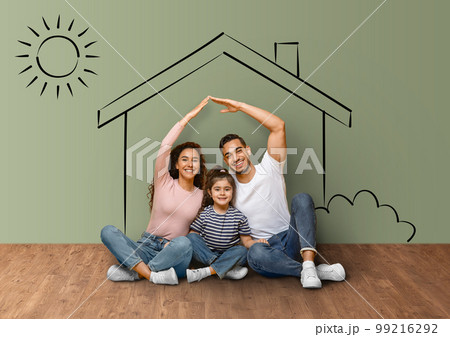 Positive muslim family enjoying their new apartment, collage Positive muslim family enjoying their new apartment, collage 99216292