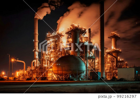 night shot of smokestacks at petrochemical plant, generative ai 99216297