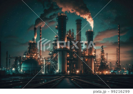 night shot of smokestacks at petrochemical plant, generative ai 99216299