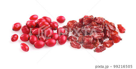 Fresh and dried berberis in closeup on white background Fresh and dried berberis in closeup on white background 99216505