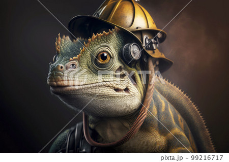 portrait of chameleon as a firefighter, generative ai 99216717