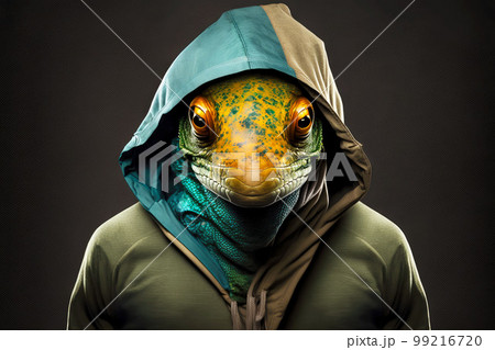 portrait of chameleon in sportswear and a hood, generative ai portrait of chameleon in sportswear and a hood, generative ai 99216720