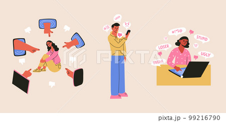 Cyber bullying and online abuse concepts. Upset. shame and crying people take haters messages and dislike in social media. Flat vrctor illustration of internet problems, victim of mass media 99216790