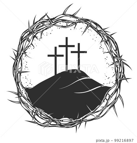 Mount Calvary in frame of Crown of thorns, Jesus Christ crucifixion, easter religious symbol of Christianity,  Golgotha and crucifixion thorn, vector 99216897