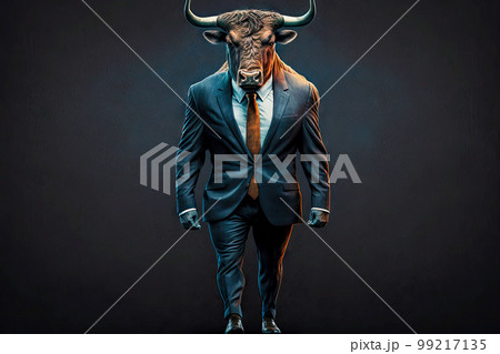 portrait of bull in a full-length business suit on a dark background, generative ai portrait of bull in a full-length business suit on a dark background, generative ai 99217135