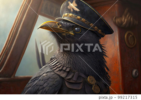 portrait of blackbird dressed as a sea captain at the helm, generative ai 99217315