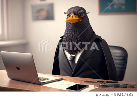 portrait of blackbird in business suit at the office desk, generative ai 99217335