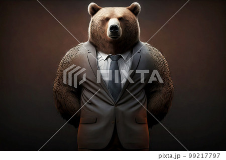 portrait of bear in a full-length business suit on a dark background, generative ai 99217797