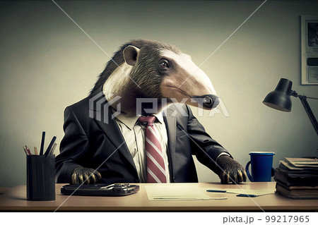 portrait of anteater in business suit at the office desk, generative ai 99217965