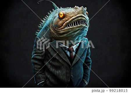portrait of anglerfish in a full-length business suit on a dark background, generative ai 99218015