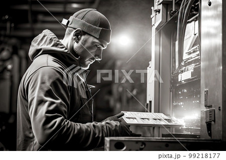 aluminum industry worker manufactures products on industrial machine, generative ai 99218177
