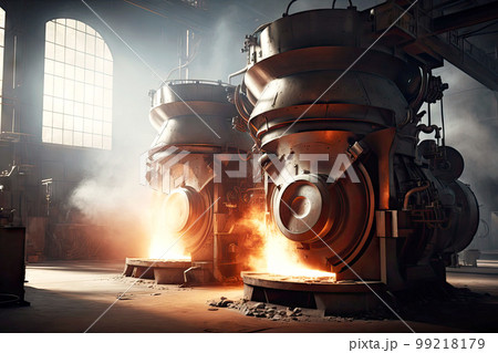 large aluminum melting furnaces in workshop of factory in aluminum industry, generative ai 99218179