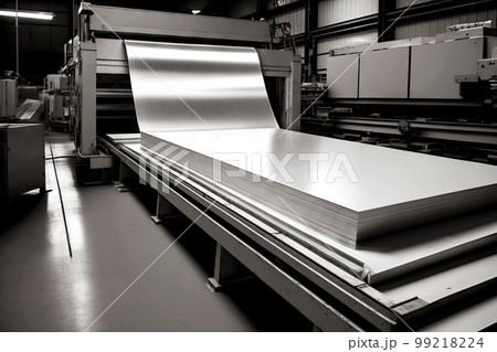 flat sheets on conveyor to be rolling in aluminum industry, generative ai 99218224