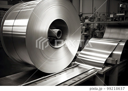 long strips of aluminum for the roll on conveyor in factory, metal production processing, generative ai long strips of aluminum for the roll on conveyor in factory, metal production processing, generative ai 99218637