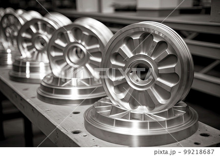 wheels for optical equipment made of aluminum on conveyor in factory of aluminum industry, generative ai wheels for optical equipment made of aluminum on conveyor in factory of aluminum industry, generative ai 99218687