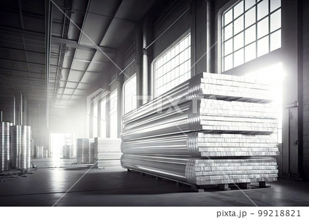 long hard aluminum bars rolled and stacked in large warehouses of industry factory, generative ai long hard aluminum bars rolled and stacked in large warehouses of industry factory, generative ai 99218821