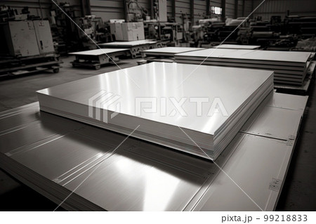 aluminum sheets produced in large industrial factory, generative ai 99218833