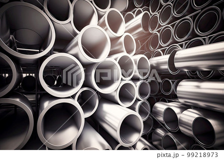 horizontal view of metal pipes produced and stored at workshop in aluminum industry, generative ai 99218973