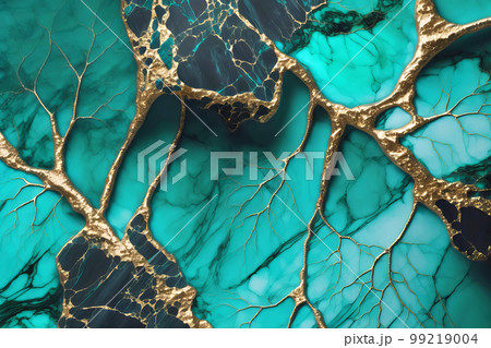 Luxury teal green marble texture with golden veins. Generative AI illustration 99219004
