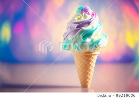 Rainbow Ice Cream Cone close-up on a fantasy background. Generative AI illustration 99219006