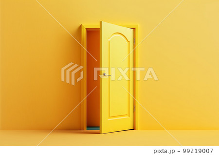 Open yellow door on yellow background. Creative concept of accessibility, choice, exit. Generative AI illustration 99219007