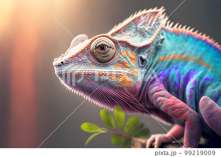 Close-up portrait of a chameleon with bright exotic skin in colorful colors. Generative AI illustration Close-up portrait of a chameleon with bright exotic skin in colorful colors. Generative AI illustration 99219009