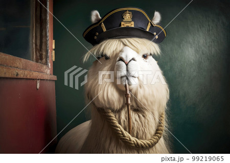 portrait of alpaca dressed as a sea captain at the helm, generative ai portrait of alpaca dressed as a sea captain at the helm, generative ai 99219065
