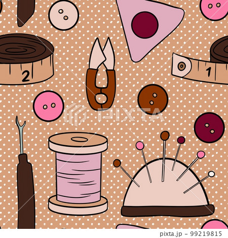 Hand drawn seamless pattern with thread needle tape button sewing crafts dressmaking items. Pink brown beige polka dot background, tailor cute sew print, handmade needwork business hobby, fabric 99219815
