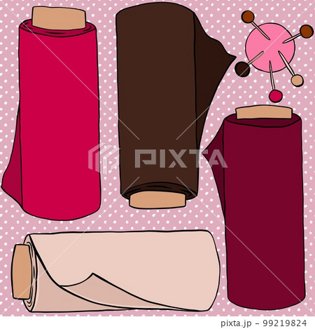 Hand drawn seamless pattern with fabric rolls pin cushion sewing crafts dressmaking items. Pink brown beige polka dot background, tailor cute sew print, handmade needwork business hobby, fabric Hand drawn seamless pattern with fabric rolls pin cushion sewing crafts dressmaking items. Pink brown beige polka dot background, tailor cute sew print, handmade needwork business hobby, fabric 99219824